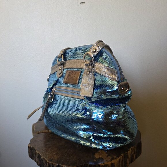 Coach POPPY Y2K Limited Edition Turquoise Silver Sequin Tote Bag Rare - Picture 5 of 16